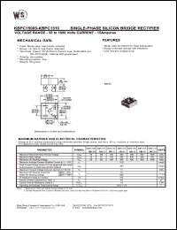 KBPC1502 datasheet: Single-phase silicon bridge rectifier. Current 15A. Maximum recurrent peak reverse voltage 200V. Maximum RMS voltage 140V. Maximum DC blocking voltage 200V KBPC1502