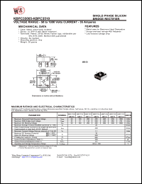 KBPC35005 datasheet: Single-phase silicon bridge rectifier. Current 35A. Maximum recurrent peak reverse voltage 50V. Maximum RMS bridge input voltage 35V. Maximum DC blocking voltage 50V KBPC35005