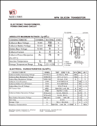 MJE13005 datasheet: NPN silicon transistor. Electronic transformers, power switching circuit Vcbo=700V, Vceo=400V, Vebo=9V MJE13005