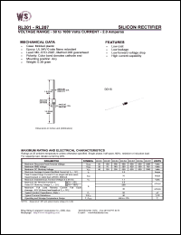 RL201 datasheet: Silicon rectifier. Max reccurent peak reverse voltage 50V. Max RMS voltage 35V. Max DC blocking voltage 50V. Current 2.0A RL201