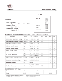 SS8050 datasheet: Transistor(NPN). Power dissipation 1W. Collector current 1.5A. Collector-base voltage 40V. SS8050