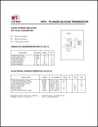 TIP3055 datasheet: NPN planar silicon transistor. Audio power amplifier. DC to DC converter. Collector-base voltage 60V. Collector-emitter voltage 60V. Emitter-base voltage 6V TIP3055