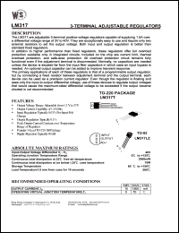 LM317T datasheet: 3-terminal adjustable regulator. Output voltage 1.2V to 27V. LM317T