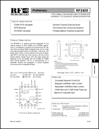 RF2460 datasheet: PCS CDMA low noise amplifier/mixer 1500MHz to 2200MHz downconverter RF2460