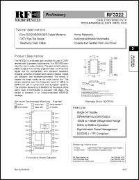 RF3322 datasheet: Cable reverse path programmable gain amplifier RF3322