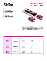 TEM3-0521 datasheet: 3 Watt,  input voltage range:5V, output voltage +/-12V (+/-125mA) DC/DC converter TEM3-0521