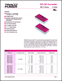 TEN12-2412 datasheet: 12 Watt,  input voltage range:9-36V, output voltage 12V (1A) DC/DC converter TEN12-2412