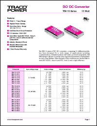 TEN15-1211 datasheet: 15 Watt,  input voltage range:9-18V, output voltage 5V (3A) DC/DC converter TEN15-1211