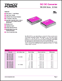 TEN20-2423WI datasheet: 20 Watt,  input voltage range:9-36V, output voltage +/-15V (+/665mA) DC/DC converter TEN20-2423WI