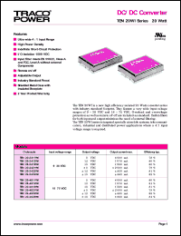 TEN20-4821WI datasheet: 20 Watt,  input voltage range:18-75V, output voltage +/-5V (+/2A) DC/DC converter TEN20-4821WI