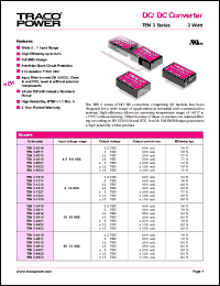 TEN3-4821 datasheet: 3 Watt,  input voltage range:36-72V, output voltage +/-5V (+/-250mA) DC/DC converter TEN3-4821