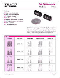 TMA0515D datasheet: 1 Watt,input voltage range:5V output voltage +/-15 (+/-30mA) DC/DC converter TMA0515D