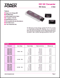 TMH2412S datasheet: 2 Watt,input voltage range:24V output voltage 12V (165mA) DC/DC converter TMH2412S