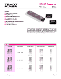 TMH2415D datasheet: 2 Watt,input voltage range:24V output voltage +/-15V (+/-65mA) DC/DC converter TMH2415D