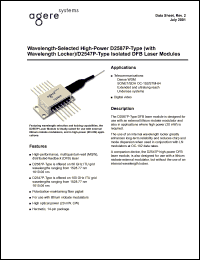 D2587P916 datasheet: Wavelength-selected, high-power with locker isolated DFB laser module. ITU-T frequency 191.6 THz. Center wavelength 1564.68 nm. High optical power 20 mW, CW D2587P916