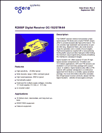 R2860F023 datasheet: Digital receiver OC-192/STM-64. 1400 Ohm min. TIA gain, dc-couplet output. Connector FC/SPC standard. Pigtail SMF-28(1m min). R2860F023