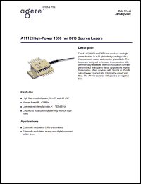 A1112PB datasheet: High-power 1550 nm DFB source laser. Output power 30 mW, positive laser bias. Fiber Fujikura PANDA, connector FC/APC nonaligned. A1112PB