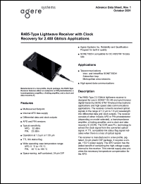 R485FMAA datasheet: Lightwave receiver with clock recovery for 2.488 Gbits/s applications. Connector type FC/PC. Detector type APD. Fiber type single-mode. R485FMAA