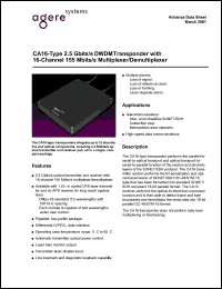 CA16A2CAA datasheet: 2.5 Gbits/s DWDM transponder with 16-channel 155 Mbits/s multiplexer/demultiplexer. Connector SC. Application: unspecified wavelength(1800 ps-nm) CA16A2CAA