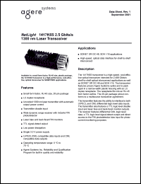 1417K6S datasheet: 2.5 Gbits/s 1300nm 2 x 10 single-mode SFF LS receptacle laser transceiver. 1417K6S