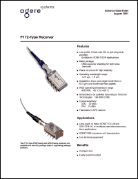 P172PBCA datasheet: Receiver for SONET/SDH applications. Detector PIN. Connector SC/PC. Lead type through hole. Fiber type SMF. P172PBCA