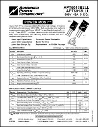 APT6013B2LL datasheet: 600V, 43A power MOS 7 transistor APT6013B2LL