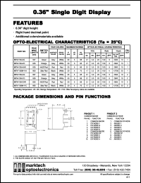 MTN4136-AO datasheet: 0.36 inches single digit display. Peak wavelength 635 nm. Emitted color orange. Surface color grey. Epoxy color white. MTN4136-AO