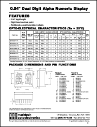 MTAN2254-11C datasheet: 0.54 inches dual digit alpha numeric display. Peak wavelength 567 nm. Emitted color green. Surface color grey. Epoxy color white. MTAN2254-11C