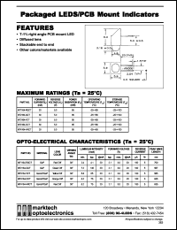 MT2164-GCT datasheet: Packaged LED/PCB mount indicator. T-1.75 right angle PCB mount LED. Lens color green diff. Peak wavelength 567 nm. Luminous intensity(mcd) @20 mA: 7.2(min), 100(typ). MT2164-GCT