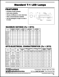 MT1103-RG datasheet: Standard T-1 LED lamp. Lens color red diff. Luminous intensity(mcd): 1.0(min),2.4(typ) @20mA. Peak wavelength 700 nm. MT1103-RG