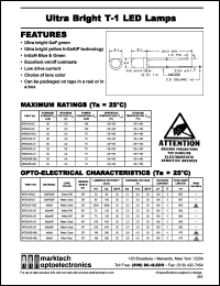 MT2303-UG datasheet: Ultra bright T-1 LED lamp. Lens color water clear. Luminous intensity @20mA 65(min), 160(typ) mcd. Peak wavelength 567 nm. MT2303-UG