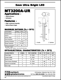 MT3200A-UR datasheet: 5mm ultra bright LED. Optical sensor. Indicator. Peak emission wavelength 660 nm. MT3200A-UR