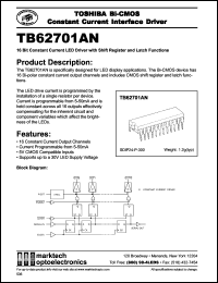 TB62701AN datasheet: 16 bit constant current LED driver with shift register and latch functions. TB62701AN