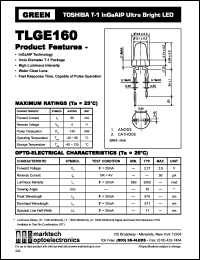 TLGE160 datasheet: TOSHIBA T-1 InGaAlP ultra bright LED. Lens color water clear. Peak wavelength 574 nm. TLGE160