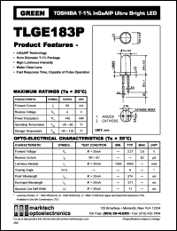 TLGE183P datasheet: TOSHIBA T-1.75 InGaAlP ultra bright LED. Lens color water clear. Peak wavelength 574 nm. TLGE183P
