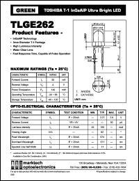 TLGE262 datasheet: TOSHIBA T-1 InGaAlP ultra bright LED. Lens color water clear. Peak wavelength 574 nm. TLGE262