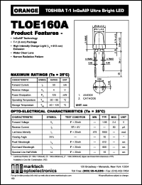 TLOE160A datasheet: TOSHIBA T-1 InGaAlP ultra bright LED. Color orange. Lens color water clear. Peak wavelength 612 nm. TLOE160A