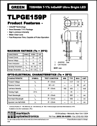 TLPGE159P datasheet: TOSHIBA T-1,75 InGaAlP ultra bright LED. Color green. Lens color water clear. Peak wavelength 562 nm. TLPGE159P
