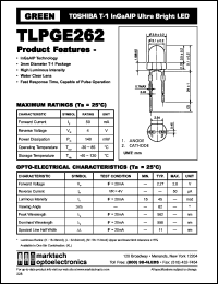 TLPGE262 datasheet: TOSHIBA T-1 InGaAlP ultra bright LED. Color green. Lens color water clear. Peak wavelength 562 nm. TLPGE262