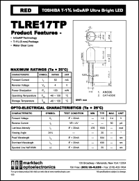 TLRE17TP datasheet: TOSHIBA T-1.75 InGaAlP ultra bright LED. Color red. Lens color water clear. Peak wavelength 644 nm. TLRE17TP