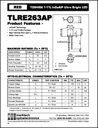 TLRE263AP datasheet: TOSHIBA T-1.75 InGaAlP ultra bright LED. Color red. Lens color water clear. Peak wavelength 644 nm. TLRE263AP