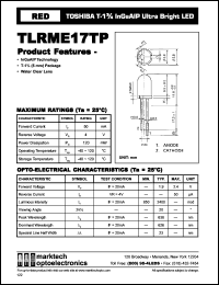 TLRME17TR datasheet: TOSHIBA T-1.75 InGaAlP ultra bright LED. Color red. Lens color water clear. Peak wavelength 636 nm. TLRME17TR