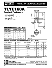 TLYE160A datasheet: TOSHIBA T-1 InGaAlP ultra bright LED. Color yellow. Water clear lens. Peak wavelength 590 nm. TLYE160A