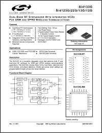 Si4123G-BT datasheet: Dual-band RF1/IF synthesizer with integrated VCOs for GSM and GPRS wireless communication. Si4123G-BT