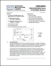 CMX469AE2 datasheet: 1200/2400/4800 baud FFSK/MSK modem CMX469AE2