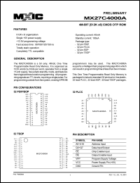 MX27C4000APC-90 datasheet: Access time: 90ns; 4M-bit (512K x 8) CMOS OTP ROM MX27C4000APC-90