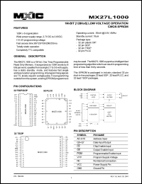 MX27L1000PI-15 datasheet: Access time: 150ns; 1M-bit (128K x 8) low voltage operation CMOS EPROM MX27L1000PI-15