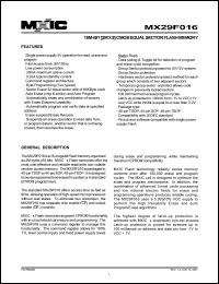 MX29F016TC-90 datasheet: Access time: 90ns; 16M-bit (2M x 8) CMOS equal sector flash memory MX29F016TC-90