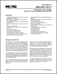 MX29L1611MC-90 datasheet: Access time: 90ns; 16M-bit (2M x 8/1M x 16) CMOS single voltage pagemode flash EEPROM MX29L1611MC-90