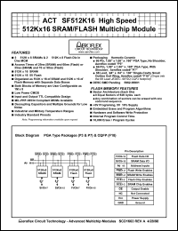 ACT-SF512K16N-39F18Q datasheet: High speed 512Kx16 SRAM/FLASH multichip module. Speed 35(SRAM)/90(FLASH) ns. ACT-SF512K16N-39F18Q